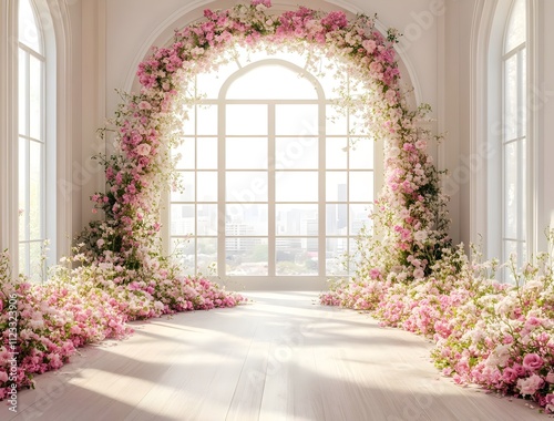 Background wedding with floral and the view outside from windows generative AI 