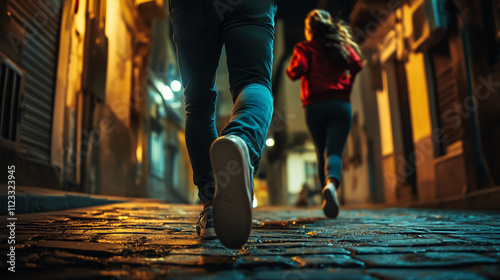Woman running at night from a pursuing shady figure.