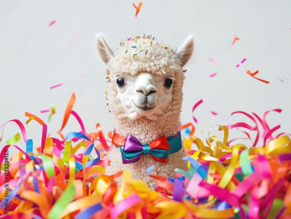 Fototapeta premium Baby Alpaca Celebrates New Year Indoor Party Animal Photography Festive Environment Close-Up Joyful Celebration