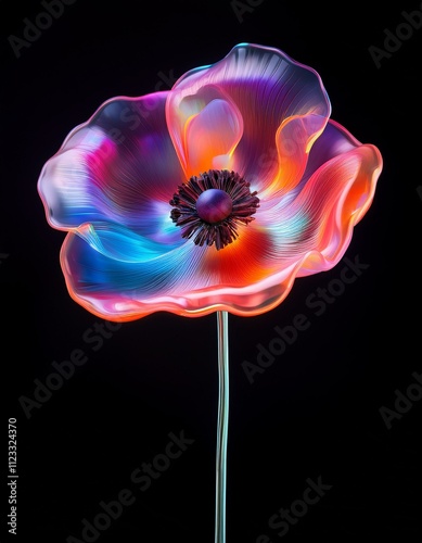simple stylized artificial poppy flower, glass 3d shape isolated on black background
