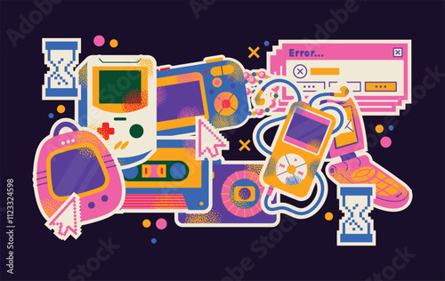 Collection of vintage tech gadgets and devices handheld consoles, cassette, mobile phones music players isolated on a dark background. Retro digital illustration in 90s style. Set of stickers