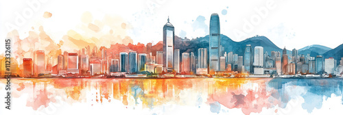 Hong Kong Skyline Watercolor Painting - Vibrant watercolor illustration of Hong Kong's iconic skyline, capturing city, harbor, mountains, and architectural details.  A beautiful cityscape, travel, and