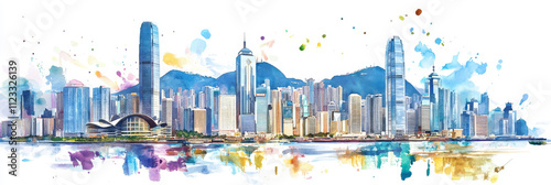 Hong Kong Watercolor Skyline: A Christmas Panorama - Vibrant watercolor painting of Hong Kong's iconic skyline at Christmas. Captures city, harbor, mountains, festive spirit, and architectural beauty.