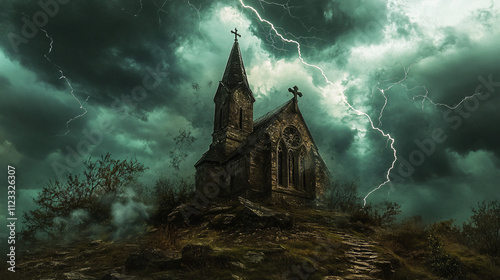 A desecrated chapel on a hill, its spire blackened by lightning strikes. photo