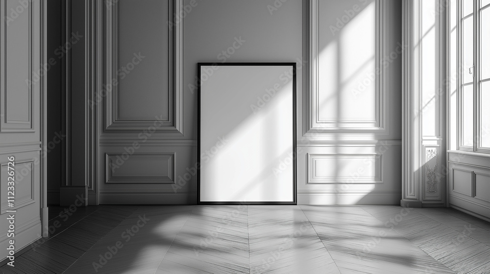 Fototapeta premium 50x70cm Picture Frame Mockup in Minimalist Designer Apartment with Parquet Flooring and Parisian Wall