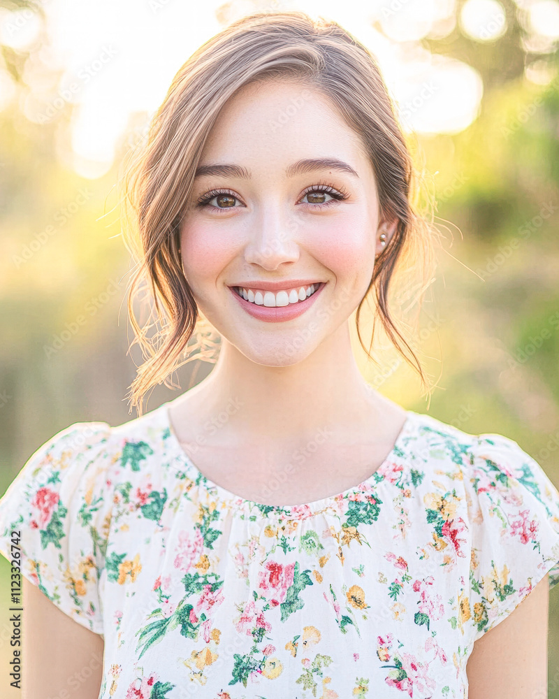 Fototapeta premium A woman with a floral print shirt is smiling and looking at the camera