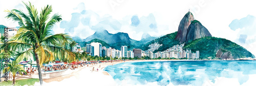 Rio de Janeiro Watercolor Panorama - Stunning watercolor illustration of Rio's iconic beach, Sugarloaf Mountain, cityscape, palm trees, and vibrant atmosphere.  A perfect travel or tourism image.
