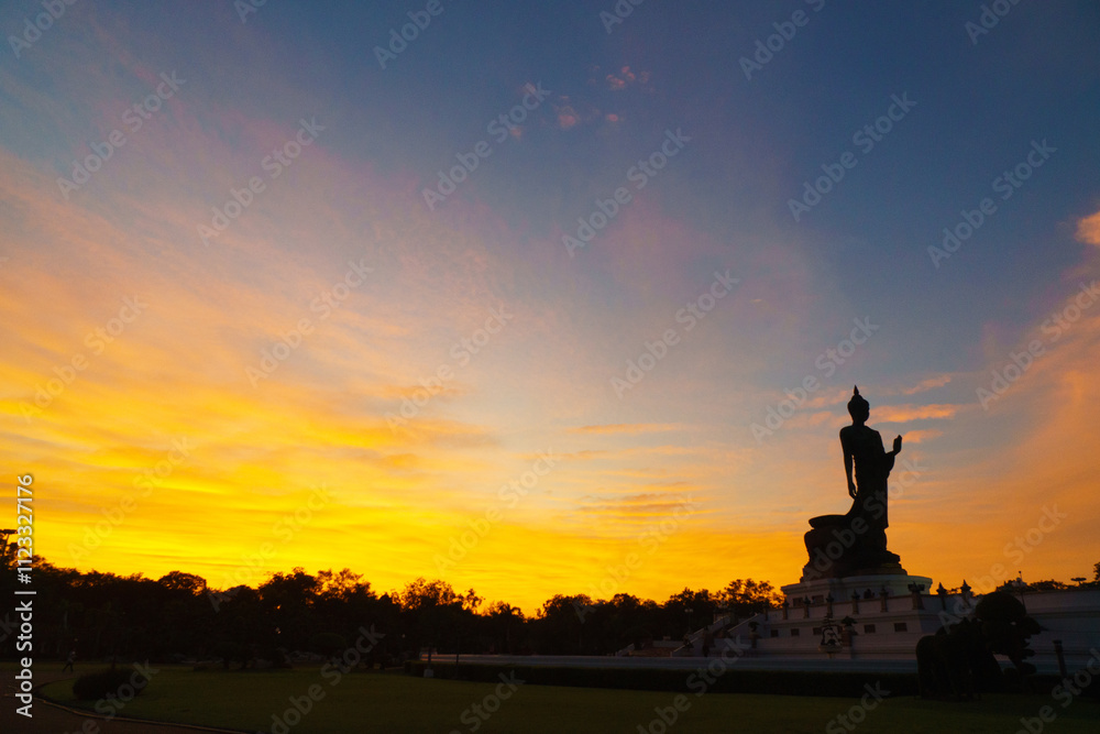 serene sunset view featuring large Buddha statue silhouetted against vibrant sky. warm colors of sunset create peaceful atmosphere serene sunset view featuring large Buddha statue silhouetted against vibrant sky. warm colors of sunset create peaceful atmosphere