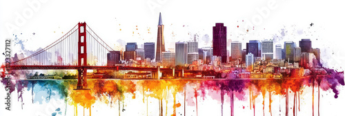 San Francisco Watercolor Skyline - Vibrant watercolor painting of San Francisco skyline, featuring Golden Gate Bridge, city buildings, and artistic watercolors. Symbolizes travel, city life, art, beau