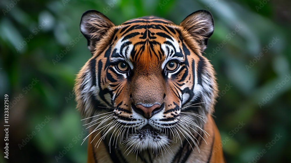 Obraz premium Close-up portrait of a majestic tiger staring directly at the camera, set against a blurred backdrop of lush green foliage.