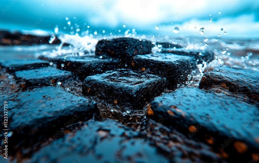 Naklejka premium Close-up of giant's causeway basalt columns with splashing water