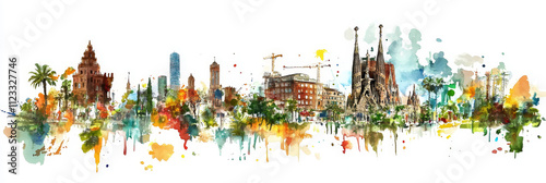 Vibrant Watercolor Barcelona Skyline - Watercolor Barcelona cityscape, iconic architecture, vibrant colors, travel, Spain.