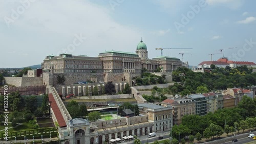 Aerial view of Buda Castle Hill and the Danube river, Budapest, Hungary, 4k