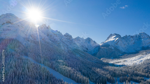 Vista Aerea delle Dolomiti Italiane in una giornata di sole limpido e neve sulle montagne. photo