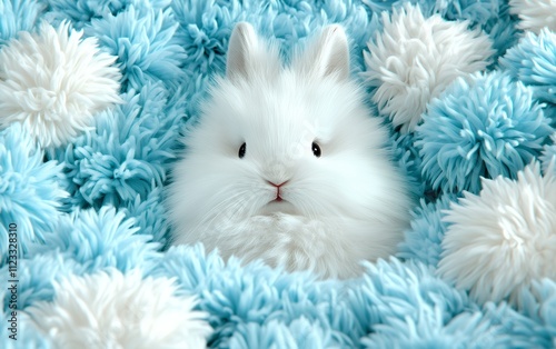 Fluffy white bunny nestled in soft blue and white blanket
