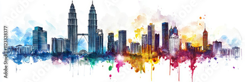 Vibrant Watercolor Skyline of Kuala Lumpur - Watercolor illustration of Kuala Lumpur skyline, showcasing iconic Petronas Towers, modern architecture, and a colorful artistic style. Represents travel, 