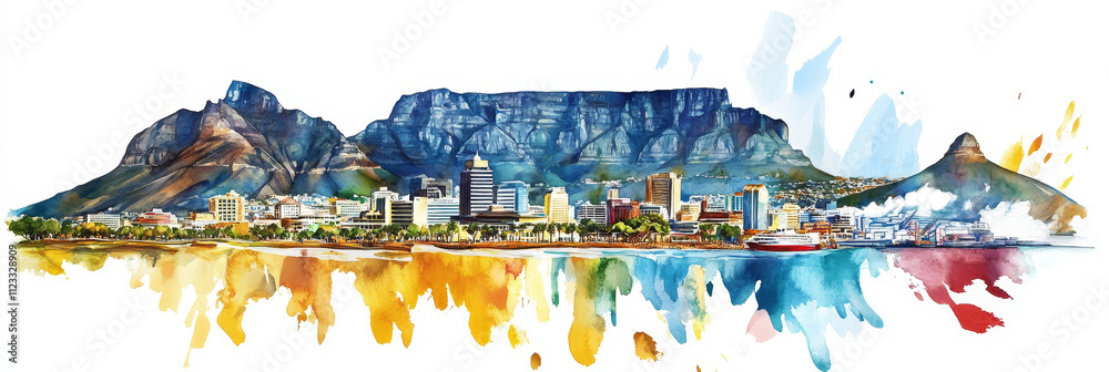 Obraz premium Watercolor Cape Town Skyline - Vibrant watercolor painting of Cape Town, South Africa, showcasing Table Mountain, city skyline, ocean, and artistic splashes. Symbolizes beauty, travel, nature, urban l