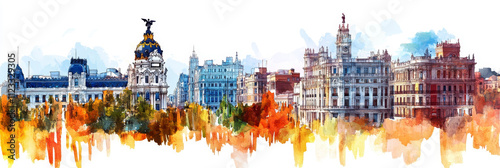 Watercolor Madrid Skyline: A Vibrant Cityscape - Stunning watercolor illustration of Madrids iconic buildings, showcasing architecture, autumn colors, cityscape, and Spanish culture.