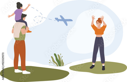 Father carrying daughter on shoulders waving at departing airplane while mother waves goodbye, family saying farewell to loved one at airport, concept of travel and family connection