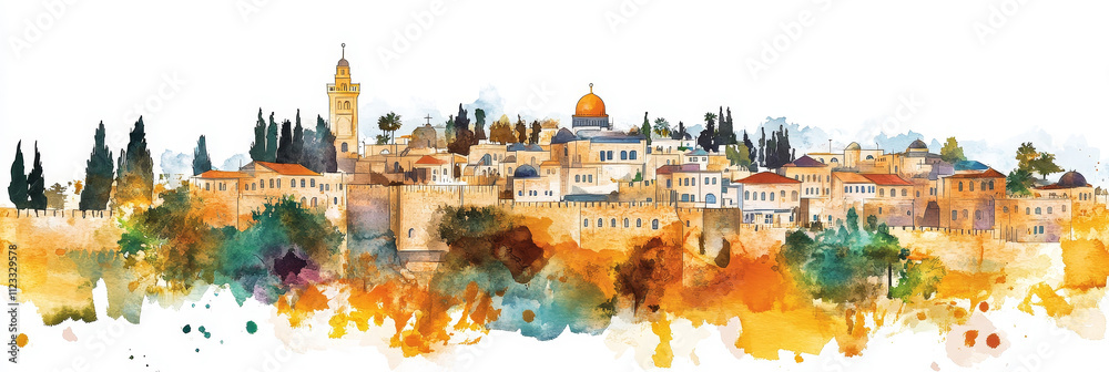Naklejka premium Watercolor Panorama of Jerusalem - Vibrant watercolor painting of Jerusalem's Old City, showcasing its ancient walls, iconic Dome of the Rock, and charming architecture. Evokes history, faith, travel