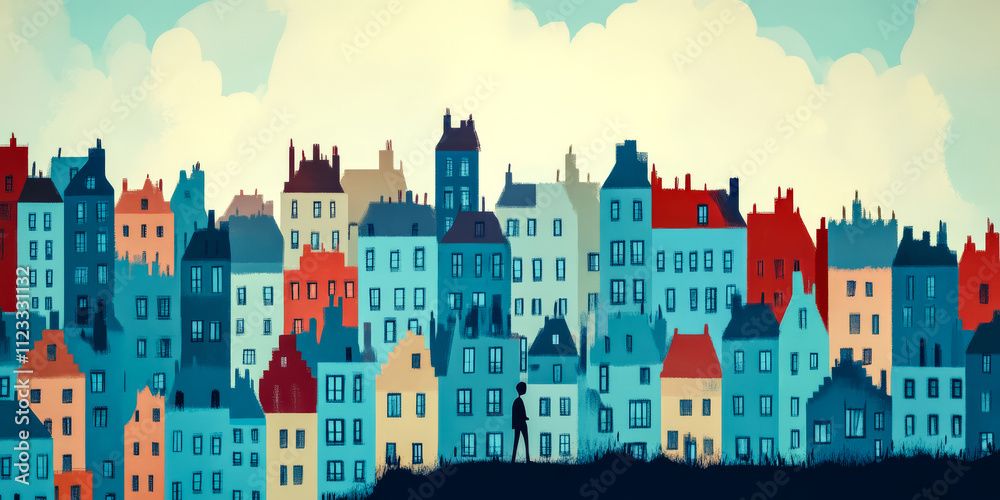 Fototapeta premium Colorful city skyline showcasing diverse architecture and a lone figure walking at dusk