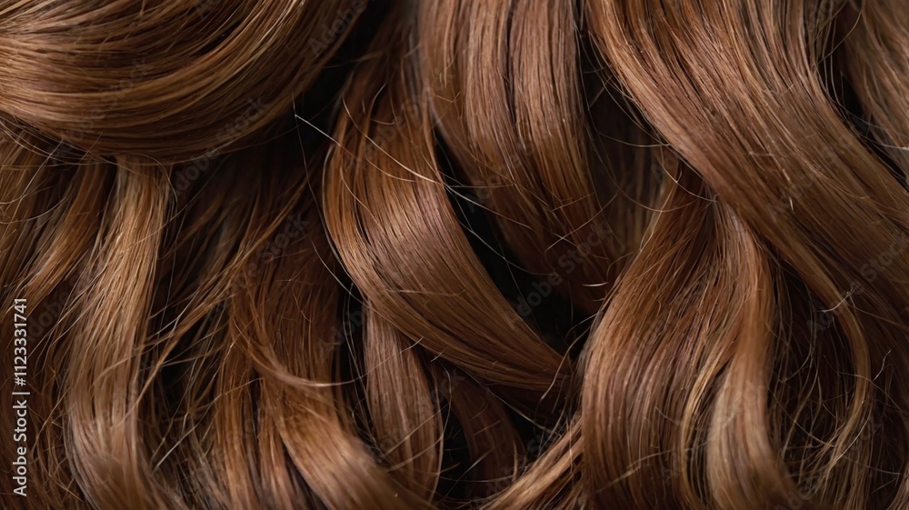 Naklejka premium Brown hair close-up as a background. Women's long brown hair. Beautifully styled wavy shiny curls. Hair coloring. Hairdressing procedures, extension.