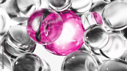 Pink serum with liquid bubbles in a 3D abstract background. Hydrating essence gel with collagen molecules. Moisturizing cream or oil for skincare and beauty.