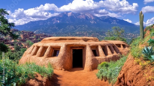 Traditional hogan dwelling in native american reservation with mountain view photo