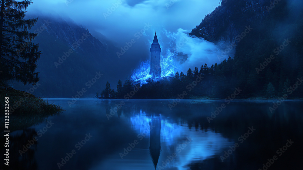 custom made wallpaper toronto digitalA deserted tower by a calm lake, with blue and white flames surrounding its peak, creating ghostly reflections on the still water.