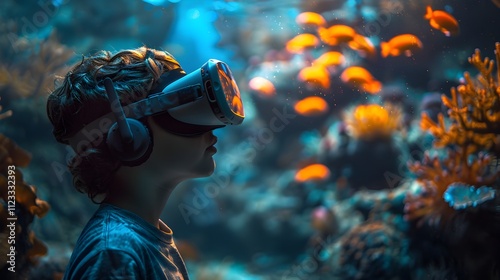 A boy wearing a virtual reality headset is looking at a fish tank
