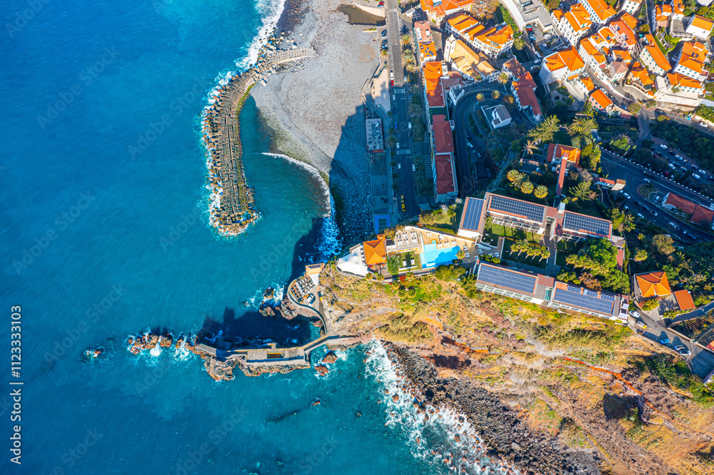 Aerial view of Madeira island. Land meets ocean in Ponta do Sol, Madeira, Portugal