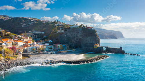 Aerial view of Madeira island. Land meets ocean in Ponta do Sol, Madeira, Portugal