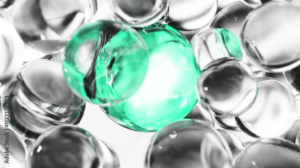 Turquoise cosmetic serum with liquid bubbles in a 3D abstract background. Hydrating essence gel enriched with collagen molecules. Moisturizing cream or oil for advanced skincare, beauty.
