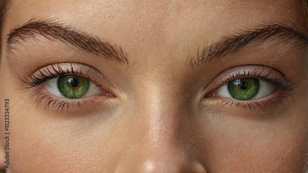 Naklejka premium A close-up image showcasing the beautiful green eyes of a woman with natural makeup. Ideal for beauty, skincare, or eye care concepts, this high-quality photo emphasizes elegance and allure.