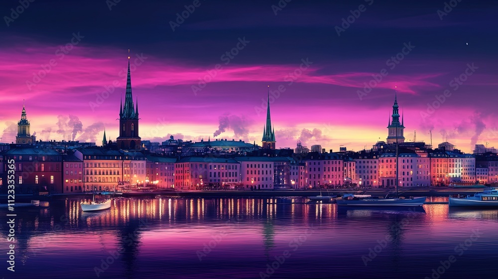 Obraz premium Stunning Cityscape at Sunset with Colorful Reflections on the Water
