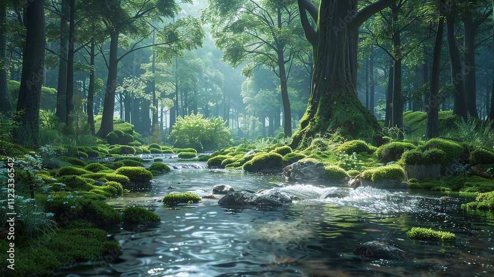Obraz premium A tranquil river winding through a lush forest, with sunlight filtering through the canopy and illuminating the moss-covered rocks.