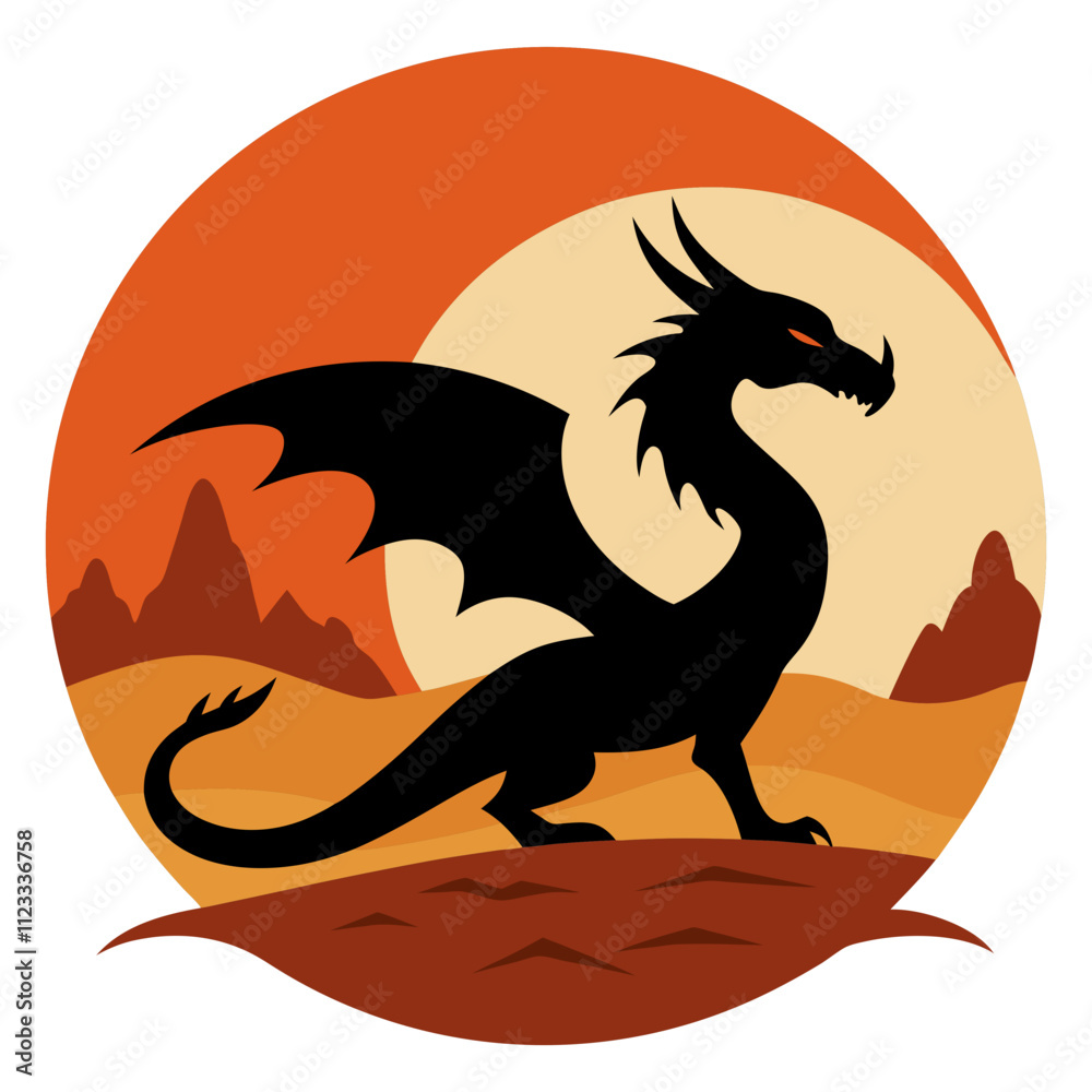 Fototapeta premium dragon silhouette in desert on retro vintage background vector art illustration t-shirt design art