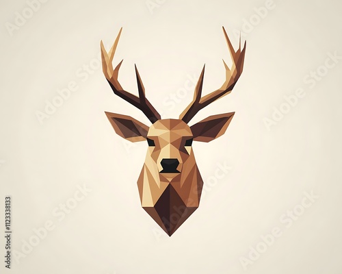 Brown geometric deer head logo on light backdrop. Modern vector style with sharp edges, clean lines, and minimalist aesthetics. photo