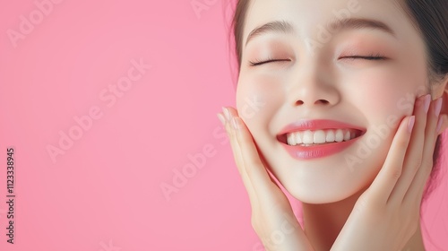 Joyful woman with a radiant smile against a pink backdrop, embodying happiness and self-care.