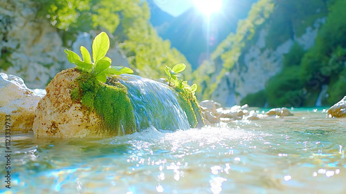 serene river flowing rapidly through lush forest, with sunlight glistening on water and vibrant green plants growing on rocks. scene evokes tranquility and natural beauty