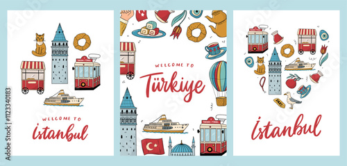 Istanbul greeting cards, posters, banners collection decorated with lettering quotes and colorful doodles. EPS 10