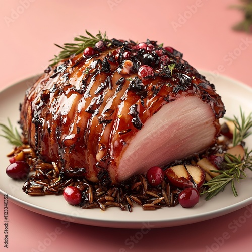 Classic Christmas Ham Leg with Honey Glaze, Apple Puree, and Wild Rice