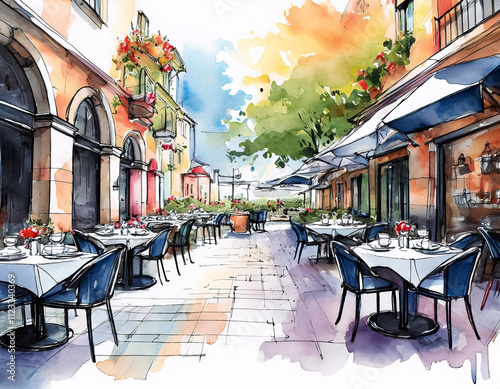 A watercolor painting of a charming street scene with outdoor cafes and colorful awnings photo