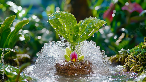 vibrant plant with water droplets, surrounded by lush greenery, creates refreshing atmosphere. fountain like water adds serene touch to this natural setting