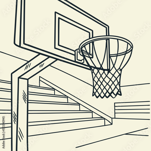 Front view of a basketball hoop in a gymnasium highlighting the net and backboard for a dynamic sports aesthetic
