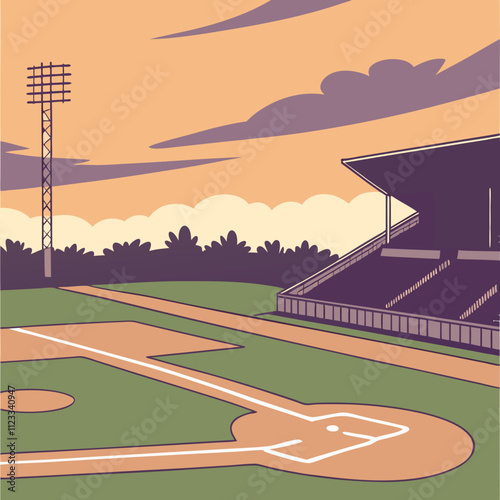 Evening light casts shadows on a baseball field with empty bleachers and a tall light tower