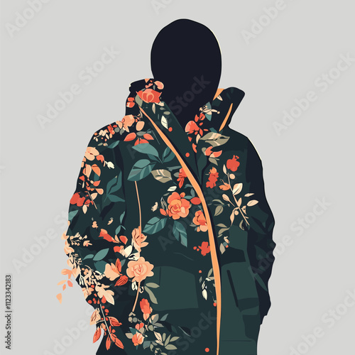Floral Fashion Vector. A Dark Green Jacket with Orange and Peach Roses