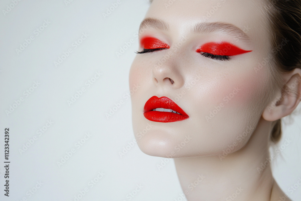 Bold red makeup accentuates model's features in studio setting Bold red makeup accentuates model's features in studio setting
