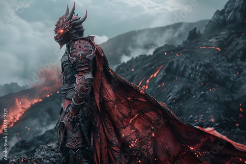 A fierce warrior stands on a volcanic landscape, embodying strength and courage. photo