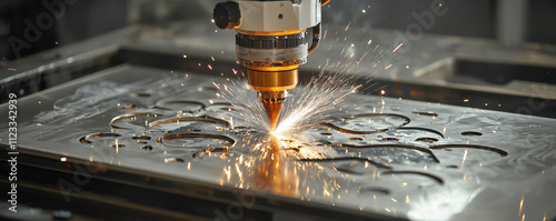 water jet cutting machine creating intricate designs on metal, showcasing precision and craftsmanship. Sparks fly as machine operates, highlighting its advanced technology and efficiency